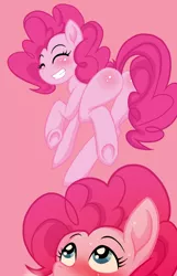 Size: 900x1400 | Tagged: safe, artist:zat, derpibooru import, pinkie pie, earth pony, pony, butt, eyes closed, female, grin, image, mare, plot, png, smiling, solo, underhoof