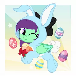 Size: 2048x2048 | Tagged: safe, artist:jhayarr23, derpibooru import, oc, oc:greenfeather, unofficial characters only, pegasus, pony, animal costume, bow, bunny costume, clothes, costume, easter, easter egg, female, hair bow, holiday, image, jpeg, mare