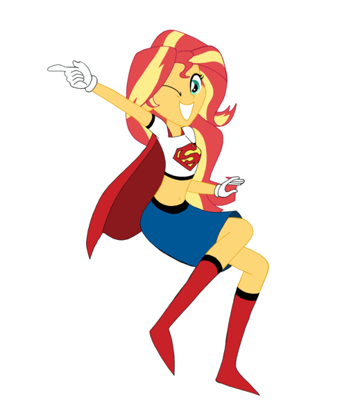 Size: 4161x4834 | Tagged: safe, artist:renthegodofhumor, derpibooru import, sunset shimmer, equestria girls, cape, clothes, costume, crossover, female, image, midriff, one eye closed, png, simple background, skirt, solo, supergirl, superhero, transparent background, wink