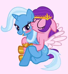 Size: 1280x1390 | Tagged: safe, artist:detailedatream1991, derpibooru import, pipp petals, trixie, pegasus, pony, unicorn, biting tongue, cuddling, eyes closed, female, g5, image, jpeg, lesbian, shipping, smiling, spread wings, tongue out, wings