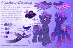 Size: 4500x3000 | Tagged: safe, artist:shad0w-galaxy, derpibooru import, oc, oc:shadow galaxy, unofficial characters only, pegasus, pony, alternate design, chest fluff, colored wings, cute, cutie mark, ear fluff, ethereal mane, fangs, female, floating wings, flying, folded wings, gradient background, gradient hooves, gradient mane, gradient tail, gradient wings, high res, hooves, image, mare, multeity, multicolored hair, open mouth, png, purple eyes, raised hoof, reference sheet, smiling, solo, spread wings, starry eyes, starry mane, starry wings, tail, text, unshorn fetlocks, wingding eyes, wings