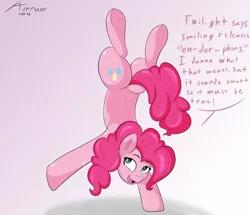 Size: 2500x2150 | Tagged: safe, artist:astrum, derpibooru import, pinkie pie, earth pony, pony, balancing, dialogue, digital art, handstand, happy, image, looking up, open mouth, open smile, png, raised hoof, smiling, upside down