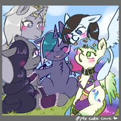 Size: 1280x1280 | Tagged: safe, artist:metaruscarlet, derpibooru import, oc, oc:elizabat stormfeather, oc:krissy, oc:starla, oc:trix, unnamed oc, unofficial characters only, alicorn, bat pony, bat pony alicorn, earth pony, pegasus, pony, unicorn, alicorn oc, arm warmers, bat pony oc, bat wings, blushing, chest fluff, choker, clothes, collar, ear piercing, earring, eyes closed, eyeshadow, female, grass, group hug, hair over one eye, horn, horn ring, hug, image, jacket, jewelry, leather jacket, leg warmers, makeup, mare, necklace, nose piercing, nose ring, one eye closed, open mouth, piercing, png, ring, wings, wink, wristband