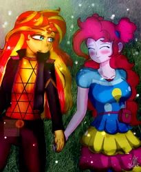 Size: 1974x2412 | Tagged: safe, artist:vaineart, derpibooru import, pinkie pie, sunset shimmer, equestria girls, equestria girls series, sunset's backstage pass!, spoiler:eqg series (season 2), blushing, duo, female, grass, holding hands, image, lesbian, lying down, on back, png, shipping, sunsetpie