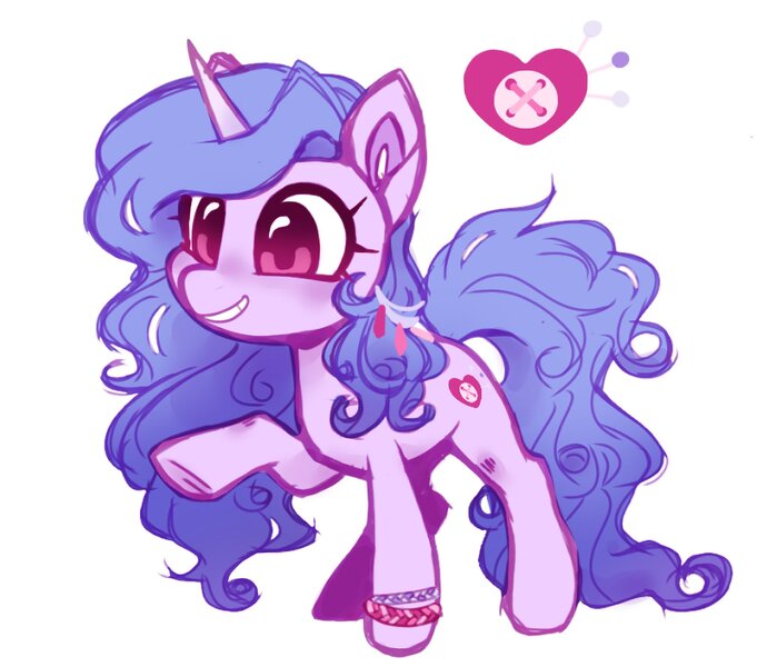 Size: 2048x1781 | Tagged: safe, artist:hiccysketches, derpibooru import, izzy moonbow, pony, unicorn, bracelet, cute, female, full body, g5, grin, hooves, horn, image, izzybetes, jewelry, jpeg, mare, raised hoof, simple background, smiling, solo, standing, tail, white background