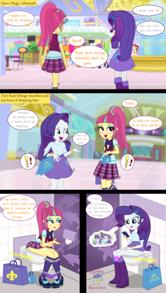 Size: 2500x4400 | Tagged: suggestive, artist:lightning_musicwave, derpibooru import, edit, edited screencap, screencap, rarity, sour sweet, dance magic, equestria girls, spoiler:eqg specials, bathroom, bathroom stall, but why, canterlot mall, clothes, crystal prep academy uniform, desperation, female, females only, fetish, image, need to pee, panties, pee edit, phone, pink panties, png, potty time, purple panties, school uniform, shopping, speech bubble, text, toilet, underwear, urine, watersports
