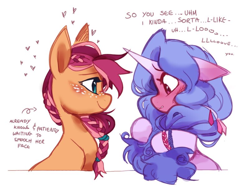 Size: 2048x1544 | Tagged: safe, artist:hiccysketches, derpibooru import, izzy moonbow, sunny starscout, earth pony, pony, unicorn, blushing, blushing profusely, bracelet, braid, cute, duo, duo female, embarrassed, female, freckles, g5, heart, image, izzybetes, izzyscout, jewelry, jpeg, lesbian, looking at someone, love, mare, shipping, simple background, smiling, sunnybetes, text, white background