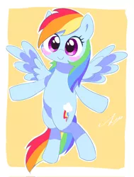 Size: 1552x2048 | Tagged: safe, artist:leo19969525, derpibooru import, rainbow dash, pegasus, pony, bipedal, blush sticker, blushing, cute, dashabetes, female, image, jpeg, looking at you, mare, open arms, simple background, smiling, solo, spread wings, wings