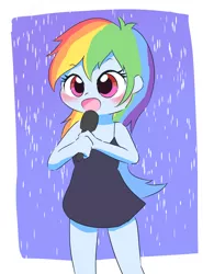 Size: 2697x3455 | Tagged: safe, artist:leo19969525, derpibooru import, rainbow dash, equestria girls, bare shoulders, black dress, blushing, clothes, commission, commissioner:ajnrules, cute, dashabetes, dress, eyebrows, eyebrows visible through hair, female, image, jpeg, little black dress, microphone, open mouth, rain, rainbow dash always dresses in style, simple background, singing, singing in the rain, sleeveless, solo, standing