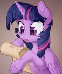 Size: 3170x3770 | Tagged: safe, artist:awalex, derpibooru import, twilight sparkle, twilight sparkle (alicorn), alicorn, pony, ear fluff, female, high res, image, jpeg, letter, mare, paper, reading, solo, unshorn fetlocks