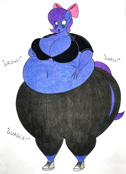 Size: 928x1280 | Tagged: suggestive, artist:thaliaglacyswells, derpibooru import, oc, oc:sugar sweet, anthro, plantigrade anthro, belly, belly button, big belly, big breasts, blueberry inflation, body freckles, boob freckles, breasts, chest freckles, cleavage, curvy, freckles, huge belly, huge breasts, image, impossibly large thighs, impossibly wide hips, inflation, jpeg, sequence, thighs, thunder thighs, traditional art, wide hips