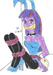 Size: 1065x1500 | Tagged: safe, artist:godzilla713, derpibooru import, twilight sparkle, equestria girls, breasts, bunny ears, bunny suit, cleavage, cloth gag, clothes, dress, gag, high heels, image, jpeg, scared, shoes, solo, tied up