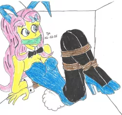 Size: 1680x1576 | Tagged: safe, artist:godzilla713, derpibooru import, fluttershy, equestria girls, breasts, bunny ears, bunny suit, cleavage, cloth gag, clothes, crate, gag, image, jpeg, solo, tied up, traditional art