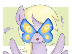 Size: 669x506 | Tagged: safe, artist:cookieboy011, derpibooru import, derpy hooves, butterfly, insect, pegasus, pony, abstract background, bust, feather, image, png, portrait, solo