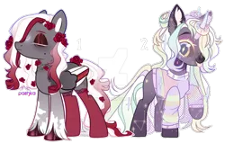 Size: 1024x650 | Tagged: safe, artist:miioko, derpibooru import, oc, unofficial characters only, pegasus, pony, unicorn, clothes, deviantart watermark, female, flower, flower in hair, horn, horn ring, image, jewelry, mare, obtrusive watermark, pegasus oc, png, raised hoof, ring, simple background, transparent background, unicorn oc, watermark, wings