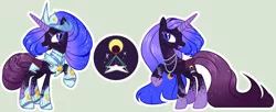 Size: 1024x418 | Tagged: safe, artist:dinkydoolove, derpibooru import, oc, unofficial characters only, alicorn, pony, alicorn oc, base used, duo, ethereal mane, eyelashes, horn, image, jewelry, jpeg, magical lesbian spawn, necklace, offspring, parent:princess luna, parent:twilight sparkle, parents:twiluna, raised hoof, simple background, starry mane, wings