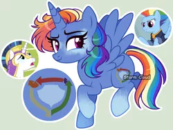 Size: 2786x2106 | Tagged: safe, artist:dinkydoolove, derpibooru import, rainbow dash, shining armor, oc, alicorn, pegasus, pony, unicorn, alicorn oc, base used, eyelashes, female, helmet, horn, image, male, mare, offspring, parent:rainbow dash, parent:shining armor, parents:shiningdash, png, screencap reference, simple background, stallion, wings