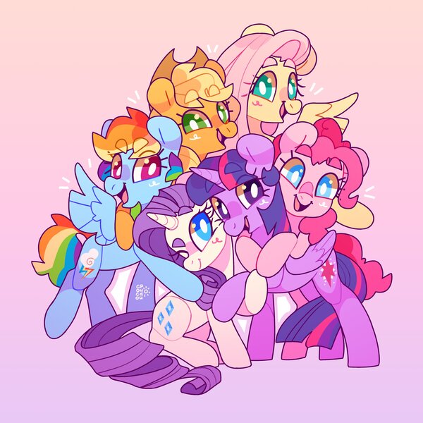 Size: 4000x4000 | Tagged: safe, artist:cocopudu, derpibooru import, applejack, fluttershy, pinkie pie, rainbow dash, rarity, twilight sparkle, twilight sparkle (alicorn), alicorn, earth pony, pegasus, pony, unicorn, female, gradient background, group, group hug, high res, hug, image, jpeg, looking at you, mane six, mare, open mouth, open smile, smiling, smiling at you