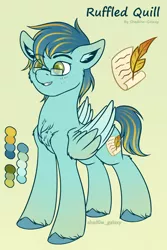 Size: 2000x3000 | Tagged: safe, artist:shad0w-galaxy, derpibooru import, oc, oc:ruffled quill, unofficial characters only, pegasus, pony, chest fluff, colored wings, cute, cutie mark, ear fluff, freckles, glasses, gradient background, gradient hooves, gradient mane, gradient tail, gradient wings, green eyes, high res, image, male, multicolored hair, multicolored wings, png, reference sheet, simple background, smiling, solo, stallion, tail, text, unshorn fetlocks, wings