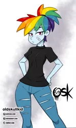 Size: 893x1500 | Tagged: suggestive, artist:oldskullkid, derpibooru import, rainbow dash, equestria girls, alternate hairstyle, clothes, erect nipples, female, image, jpeg, looking at you, nipple outline, pants, shirt, solo, solo female, t-shirt, tomboy, wide hips