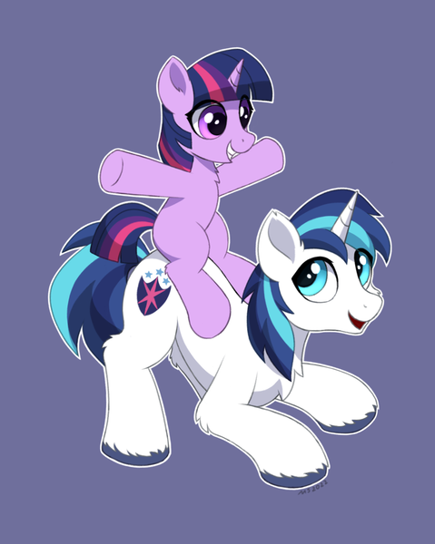 Size: 1599x2005 | Tagged: safe, artist:mercurysparkle, derpibooru import, shining armor, twilight sparkle, pony, unicorn, bbbff, brother and sister, female, filly, foal, image, male, png, ponies riding ponies, raised hoof, riding, siblings, simple background, smiling, stallion, unicorn twilight, younger