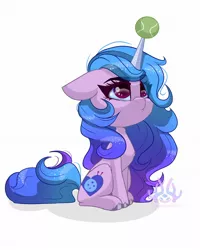 Size: 1638x2048 | Tagged: safe, artist:skyboundsiren, derpibooru import, izzy moonbow, pony, unicorn, ball, chibi, floppy ears, g5, horn, hornball, image, izzy's tennis ball, jpeg, simple background, solo, tennis ball, white background