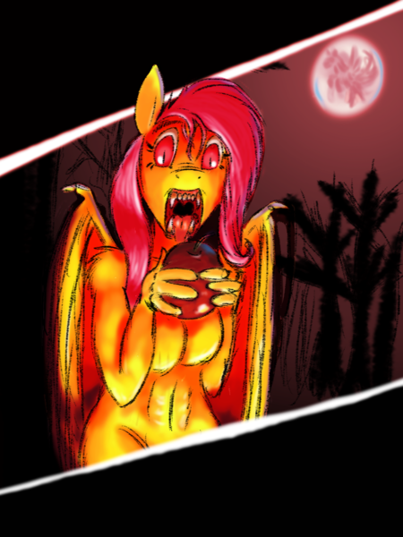 Size: 768x1024 | Tagged: questionable, artist:fluffsplosion, derpibooru import, fluttershy, anthro, bat pony, fluffy pony, anthro fluffy, apple, bat ponified, flutterbat, food, image, moon, png, race swap