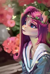 Size: 2845x4161 | Tagged: safe, artist:annna markarova, derpibooru import, fluttershy, anthro, butterfly, insect, beautiful, bust, clothes, female, floral head wreath, flower, high res, image, jpeg, looking at something, looking up, outdoors, portrait, sailor uniform, school uniform, solo, stray strand, three quarter view, uniform, vertical