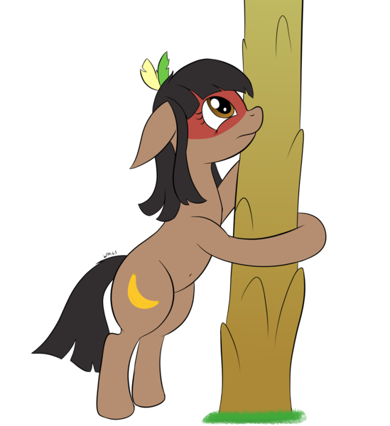 Size: 2408x2632 | Tagged: safe, artist:wapamario63, derpibooru import, oc, oc:kuruminha, unofficial characters only, earth pony, pony, bipedal, brazil, brchan, face paint, feather, female, floppy ears, hug, image, mare, native american, png, tree, tree hugging