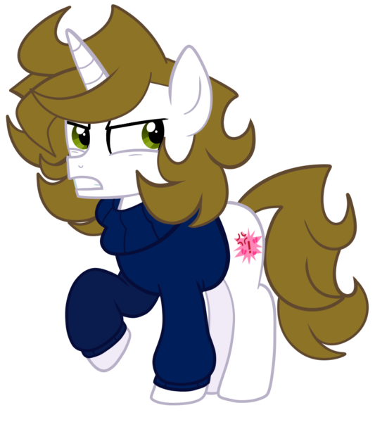 Size: 900x1013 | Tagged: safe, artist:saveraedae, derpibooru import, oc, ponified, unofficial characters only, pony, unicorn, angry, clothes, colt, foal, image, looking offscreen, male, png, raised hoof, show accurate, solo, sweater, teenager, the mark side