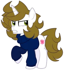 Size: 900x1013 | Tagged: safe, artist:saveraedae, derpibooru import, oc, ponified, unofficial characters only, pony, unicorn, angry, clothes, colt, foal, image, looking offscreen, male, png, raised hoof, show accurate, solo, sweater, teenager, the mark side