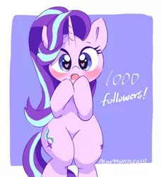 Size: 2176x2379 | Tagged: safe, artist:leo19969525, derpibooru import, starlight glimmer, pony, unicorn, 1000 followers, bipedal, blushing, cute, featureless crotch, female, followers, glimmerbetes, heart eyes, hoof over mouth, image, jpeg, looking at you, mare, open mouth, simple background, solo, wingding eyes