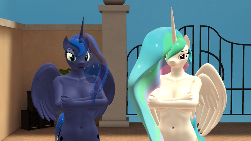 Size: 1280x720 | Tagged: questionable, artist:superstar17, derpibooru import, princess celestia, princess luna, anthro, 3d, belly button, breasts, busty princess celestia, busty princess luna, celestia is not amused, complete nudity, covered nipples, covering, covering breasts, female, image, looking at you, luna is not amused, missing accessory, nudity, png, royal sisters, siblings, sisters, source filmmaker, unamused