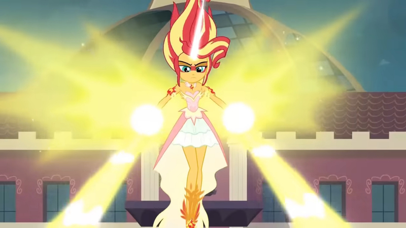 Size: 3410x1920 | Tagged: safe, derpibooru import, screencap, sunset shimmer, equestria girls, friendship games, bare shoulders, canterlot high, daydream shimmer, female, high res, image, jpeg, sleeveless, solo, strapless