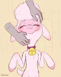 Size: 1243x1576 | Tagged: safe, artist:hyakuen, derpibooru import, human, sheep, them's fightin' herds, adorapom, belly button, blushing, chest fluff, community related, cute, disembodied hand, ear blush, eyes closed, fluffy, hand, image, lamb, lying down, on back, petting, png, pom (tfh), relaxed, scratches, simple background, smiling, when she smiles