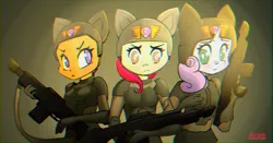 Size: 1736x909 | Tagged: safe, artist:mistleinn, derpibooru import, apple bloom, scootaloo, sweetie belle, anthro, clothes, crossover, female, helmet, image, jpeg, meme, trio, uniform, warhammer (game), warhammer 40k, weapon