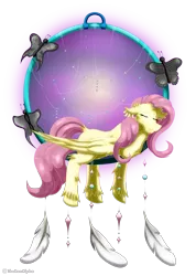 Size: 2317x3255 | Tagged: safe, artist:thebenalpha, derpibooru import, fluttershy, butterfly, insect, pegasus, chest fluff, dreamcatcher, ear fluff, eyes closed, feather, floppy ears, image, png, simple background, sleeping, solo, transparent background, unshorn fetlocks