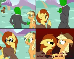 Size: 5000x4000 | Tagged: safe, artist:legendoflink, derpibooru import, applejack, oc, oc:anon, oc:postal mare, earth pony, human, pony, 4 panel comic, angry, clothes, comic, cowboy hat, freckles, hat, image, outdoors, png, postal, postal 2, postal dude, smiling, sunglasses, threatening, trenchcoat, vulgar