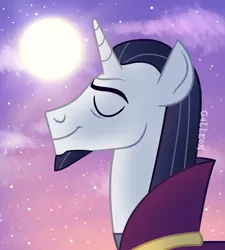 Size: 1700x1890 | Tagged: safe, artist:g4lleon, derpibooru import, chancellor neighsay, pony, unicorn, colorful, dark sky, eyes closed, happy, image, majestic, majestic as fuck, peaceful, pink sky, png, purple background, purple sky, simple background, smiling, sun, sunrise, when he smiles