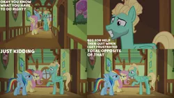 Size: 1280x720 | Tagged: safe, derpibooru import, edit, edited screencap, editor:quoterific, screencap, fluttershy, rainbow dash, zephyr breeze, pegasus, pony, flutter brutter, season 6, eyes closed, female, fluttershy is not amused, fluttershy's cottage, flying, image, male, mare, one eye closed, open mouth, png, rainbow dash is not amused, spread wings, stallion, text, trio, unamused, wings, wink