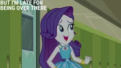 Size: 1280x720 | Tagged: safe, derpibooru import, edit, edited screencap, editor:quoterific, screencap, rarity, best trends forever, equestria girls, equestria girls series, best trends forever: rainbow dash, bracelet, female, geode of shielding, hairpin, hallway, image, jewelry, jpeg, lockers, magical geodes, open mouth, open smile, rarity peplum dress, smiling, solo, text