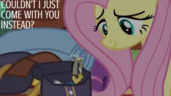 Size: 1280x720 | Tagged: safe, derpibooru import, edit, edited screencap, editor:quoterific, screencap, discord, fluttershy, draconequus, pegasus, pony, dungeons and discords, season 6, bag, duo, female, fluttershy's cottage, image, jpeg, male, mare, saddle bag, smiling, text