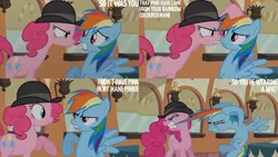 Size: 1280x720 | Tagged: safe, derpibooru import, edit, edited screencap, editor:quoterific, screencap, pinkie pie, rainbow dash, earth pony, pegasus, pony, mmmystery on the friendship express, season 2, duo, eyes closed, female, friendship express, image, jpeg, locomotive, mane bite, mare, spread wings, steam locomotive, text, train, wings