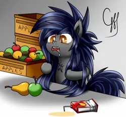 Size: 1568x1449 | Tagged: artist needed, source needed, safe, derpibooru import, bat pony, apple, drool, food, image, jpeg, juice, juice box, pear, solo