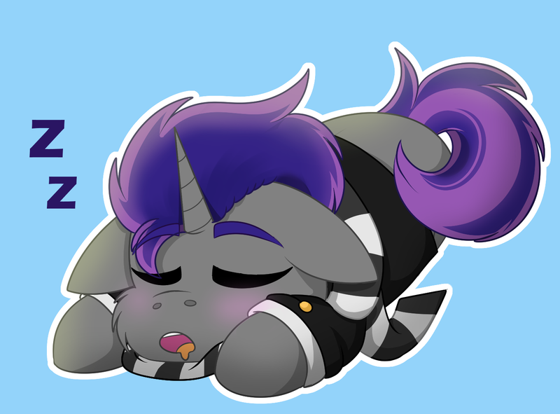 Size: 1422x1050 | Tagged: safe, artist:rokosmith26, derpibooru import, oc, unofficial characters only, pony, unicorn, blue background, blushing, cheek fluff, chibi, clothes, commission, cute, eyes closed, floppy ears, horn, image, lying down, male, open mouth, png, prone, scarf, simple background, sleeping, solo, stallion, striped scarf, suit, tail, two toned mane, unicorn oc, ych result