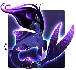 Size: 1200x1097 | Tagged: safe, artist:paintedwave, derpibooru import, oc, unofficial characters only, hybrid, merpony, seapony (g4), adoptable, bioluminescent, dorsal fin, fins, fish tail, flowing tail, glow, image, jewelry, necklace, orange eyes, png, purple background, purple mane, simple background, smiling, solo, tail