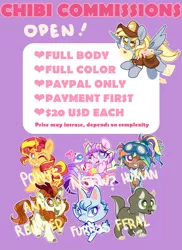 Size: 800x1100 | Tagged: safe, artist:yokokinawa, derpibooru import, autumn blaze, derpy hooves, rainbow dash, sunset shimmer, advertisement, chibi, commission info, image, png