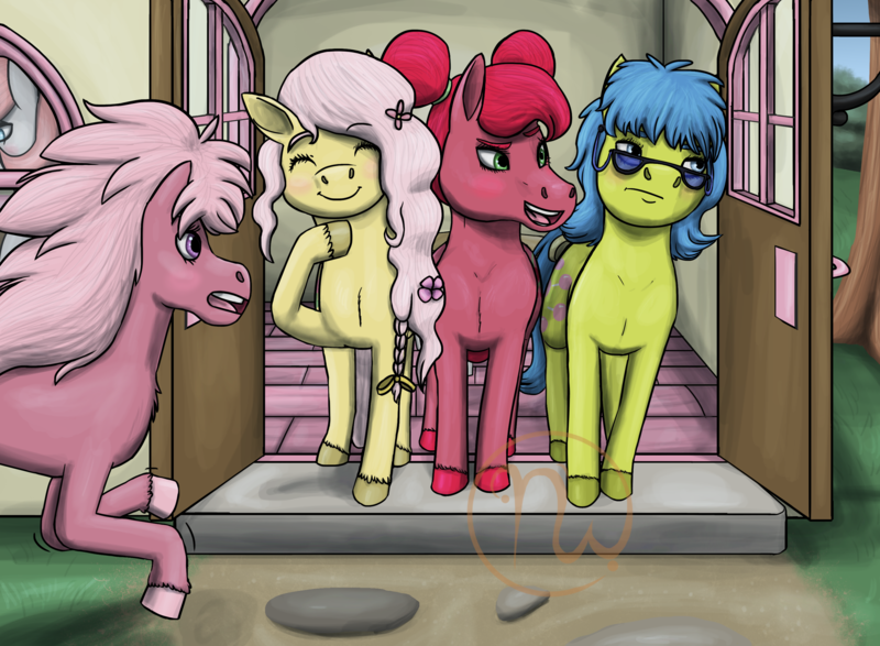 Size: 3000x2200 | Tagged: safe, artist:azurllinate, derpibooru import, cherries jubilee, lickety split, posey, snuzzle, tootsie, earth pony, pony, accessories, annoyed, blue eyes, braid, cafe, chest fluff, dirt path, door, eyes closed, female, flower, flower in hair, g1, green eyes, hair bun, hooves, image, impatient, long mane, long tail, open door, open mouth, png, purple eyes, raised hoof, ribbon, smiling, standing, sunglasses, tail, tree, wavy mane, window