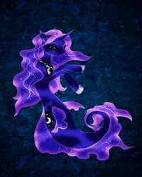 Size: 1200x1500 | Tagged: safe, artist:lisarutherfordium, derpibooru import, princess luna, alicorn, hybrid, merpony, pony, sea pony, seapony (g4), blue background, blue mane, dorsal fin, ethereal mane, female, fins, fish tail, flowing mane, flowing tail, hoof shoes, horn, image, mare, mermay, ocean, png, seaponified, seapony luna, simple background, solo, species swap, starry mane, swimming, tail, underwater, water