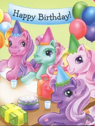 Size: 400x529 | Tagged: safe, derpibooru import, official, fluttershy, fluttershy (g3), minty, rainbow flash, earth pony, pony, g3, balloon, birthday cake, birthday party, cake, cup, food, happy birthday, hat, image, jpeg, official art, party, party hat, plate, present, sitting, table, wisteria